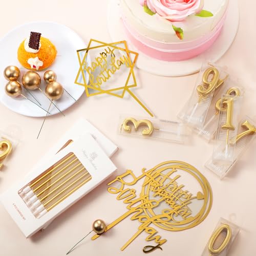 Yerliker 34-Piece Gold Happy Birthday Cake Topper Set with Candles and Decorations