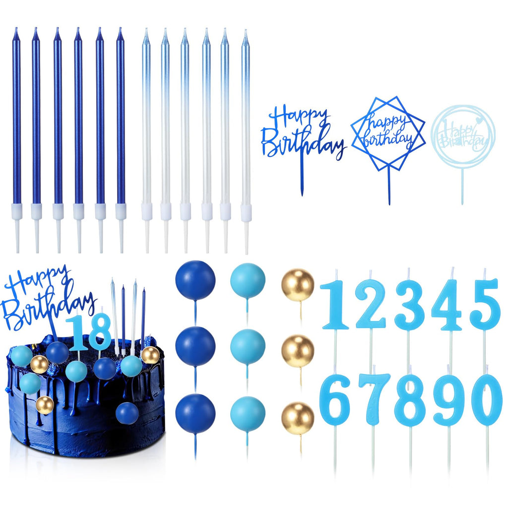 Yerliker 34-Piece Navy Blue Birthday Cake Toppers Set with Acrylic Sign, Numeral Candles, and Ball Decorations