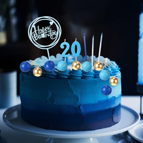 Yerliker 34-Piece Navy Blue Birthday Cake Toppers Set with Acrylic Sign, Numeral Candles, and Ball Decorations