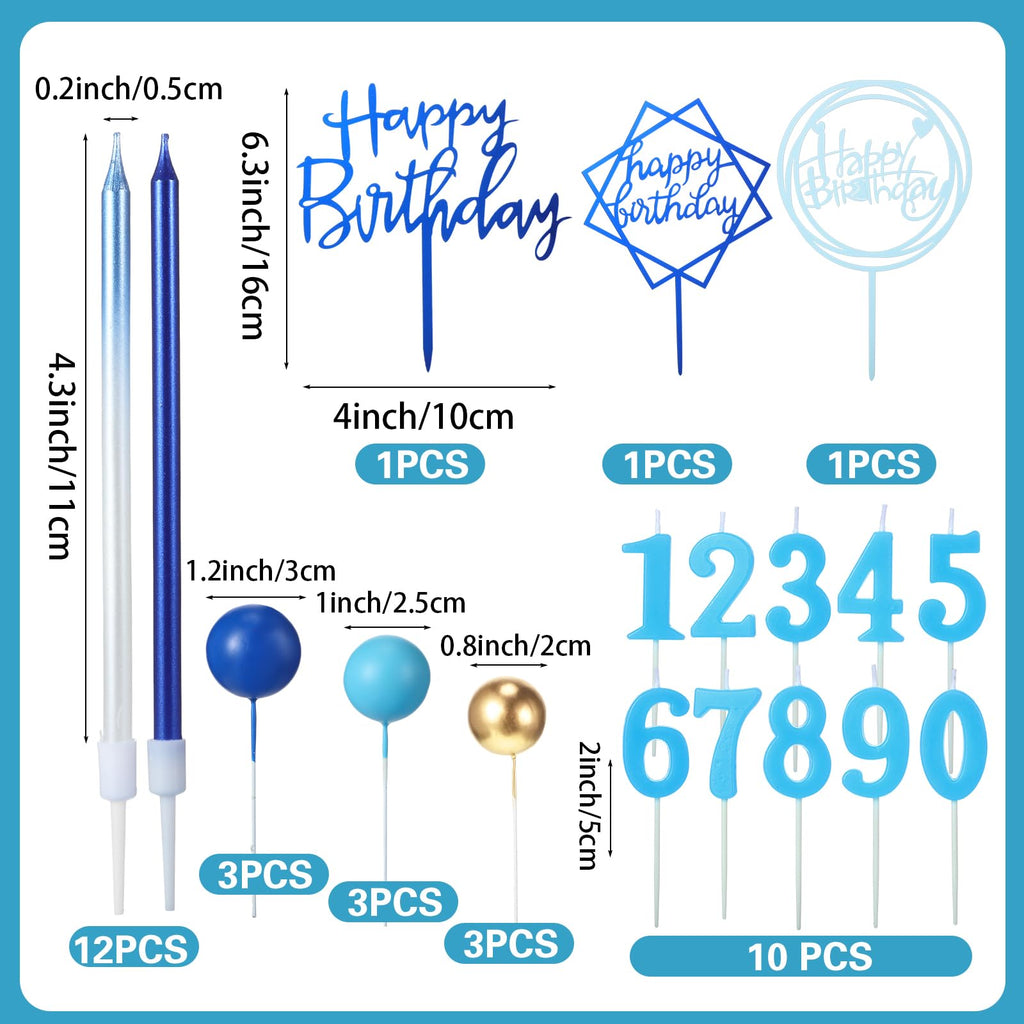 Yerliker 34-Piece Navy Blue Birthday Cake Toppers Set with Acrylic Sign, Numeral Candles, and Ball Decorations