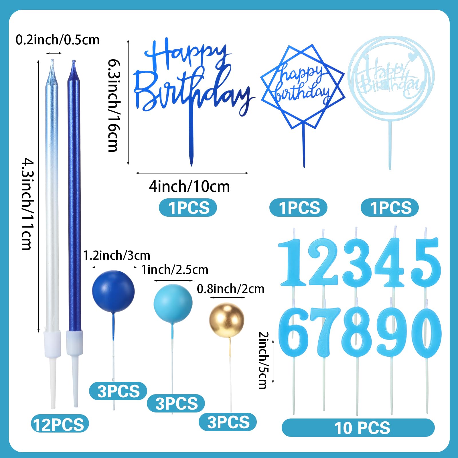 Yerliker 34-Piece Navy Blue Birthday Cake Toppers Set with Acrylic Sign, Numeral Candles, and Ball Decorations