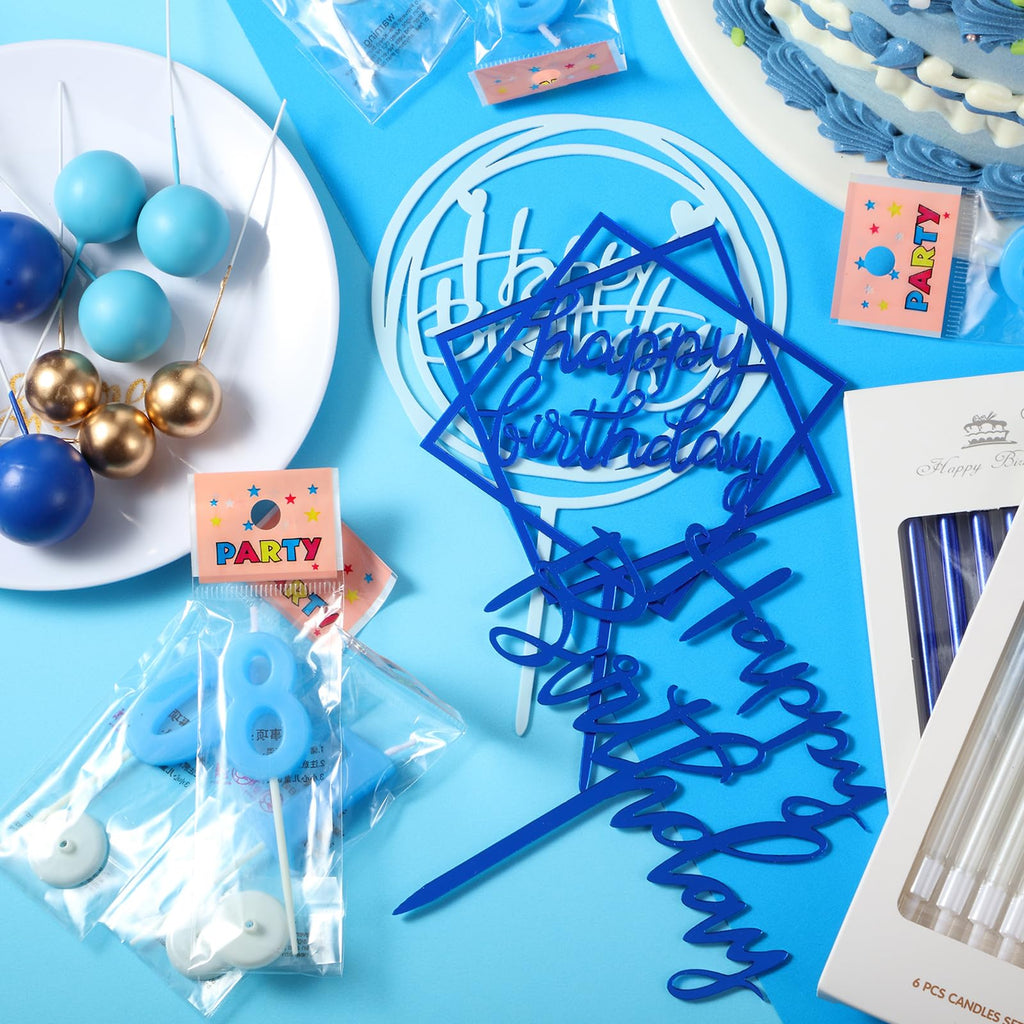 Yerliker 34-Piece Navy Blue Birthday Cake Toppers Set with Acrylic Sign, Numeral Candles, and Ball Decorations
