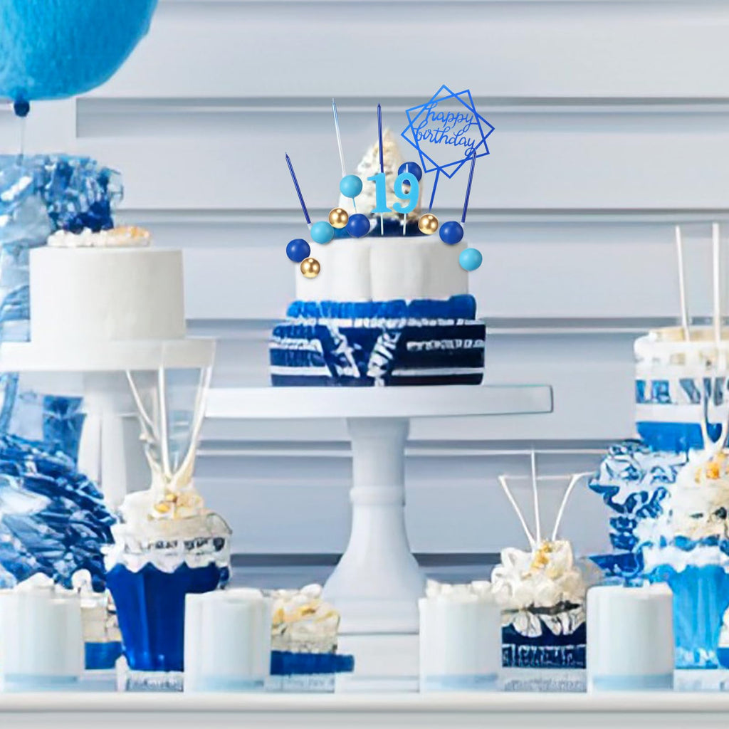 Yerliker 34-Piece Navy Blue Birthday Cake Toppers Set with Acrylic Sign, Numeral Candles, and Ball Decorations