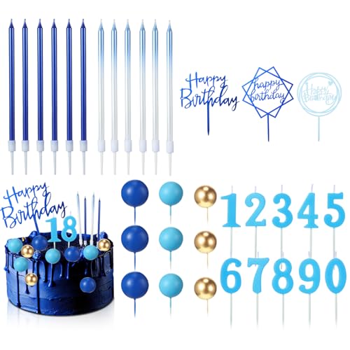Yerliker 34-Piece Navy Blue Birthday Cake Toppers Set with Acrylic Sign, Numeral Candles, and Ball Decorations