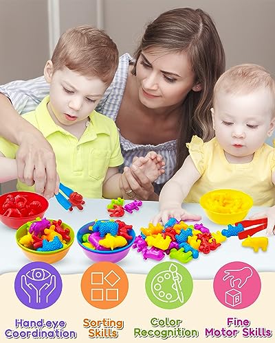 Yetonamr Counting Dinosaurs Montessori Toys – 36-Piece Animal Sorting Set with Bowls and Tweezers for Ages 3-8