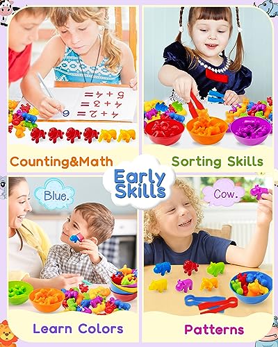 Yetonamr Counting Dinosaurs Montessori Toys – 36-Piece Animal Sorting Set with Bowls and Tweezers for Ages 3-8