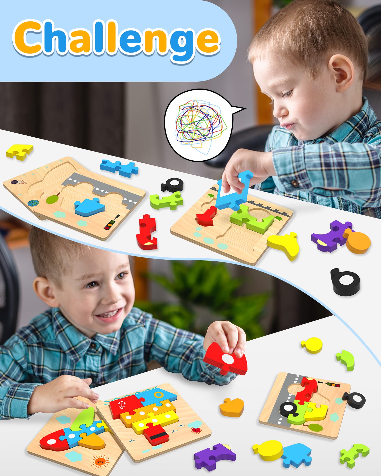 Yetonamr Wooden Toddler Puzzles – 4 Vehicle Montessori Toys for Boys Girls