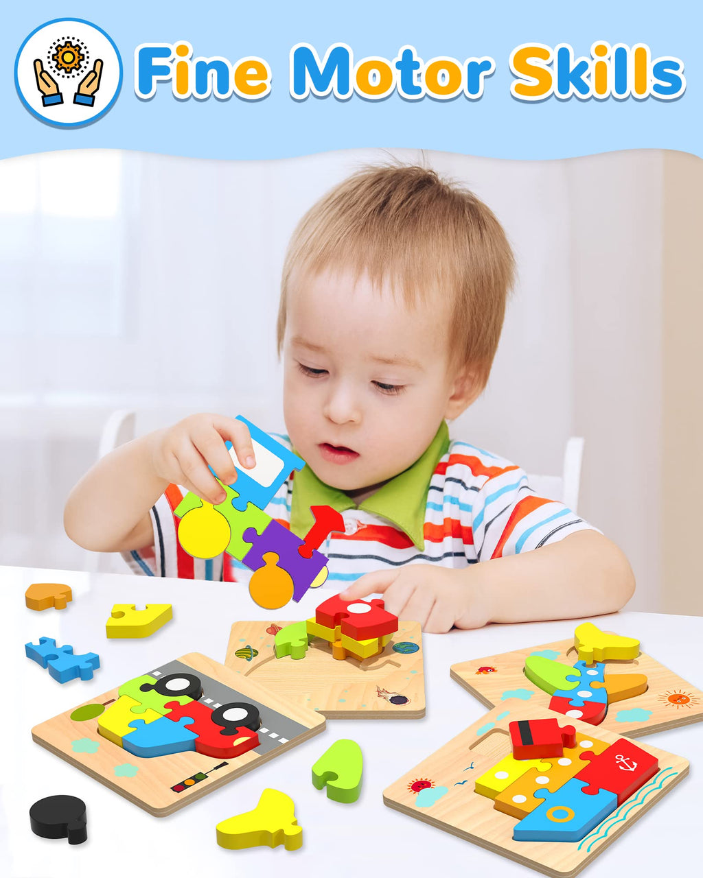 Yetonamr Wooden Toddler Puzzles – 4 Vehicle Montessori Toys for Boys Girls
