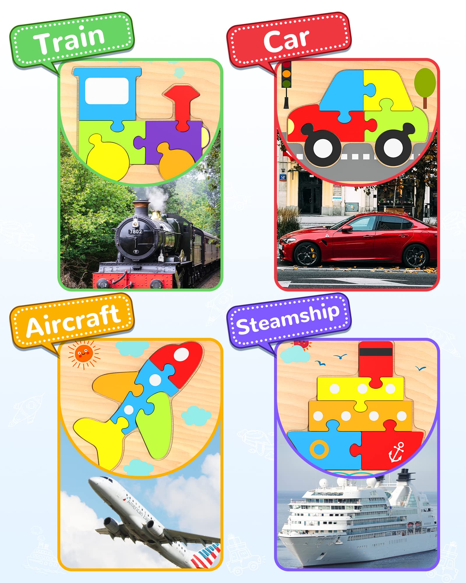 Yetonamr Wooden Toddler Puzzles – 4 Vehicle Montessori Toys for Boys Girls