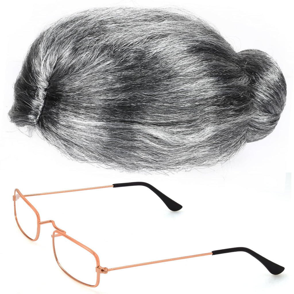 Yewong Old Lady Costume Set - 7-Piece Grandma Wig, Glasses, Inflatable Cane, and More (Grey)