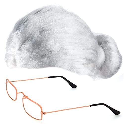 Yewong Old Lady Costume Set - 7 Piece Granny Accessories with White Wig, Inflatable Cane, Glasses, Handbag