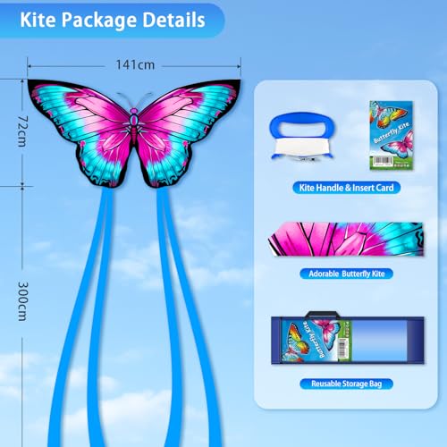 YFAFENGS Butterfly Kite for Kids & Adults – Easy to Fly with Long Tail, 55.5 Inch Purple & Blue