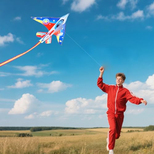YFAFENGS Fighter Jet Kite for Kids & Adults - Easy Fly Single Line Airplane Kite with Long Tail, 56.7 Inch Large Outdoor Kite for Beach Park