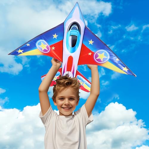 YFAFENGS Fighter Jet Kite for Kids & Adults - Easy Fly Single Line Airplane Kite with Long Tail, 56.7 Inch Large Outdoor Kite for Beach Park