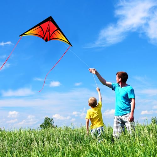 YFAFENGS Large Delta Kite Orange – Easy-to-Fly Outdoor Kite for Kids and Adults, Includes Line and Handle