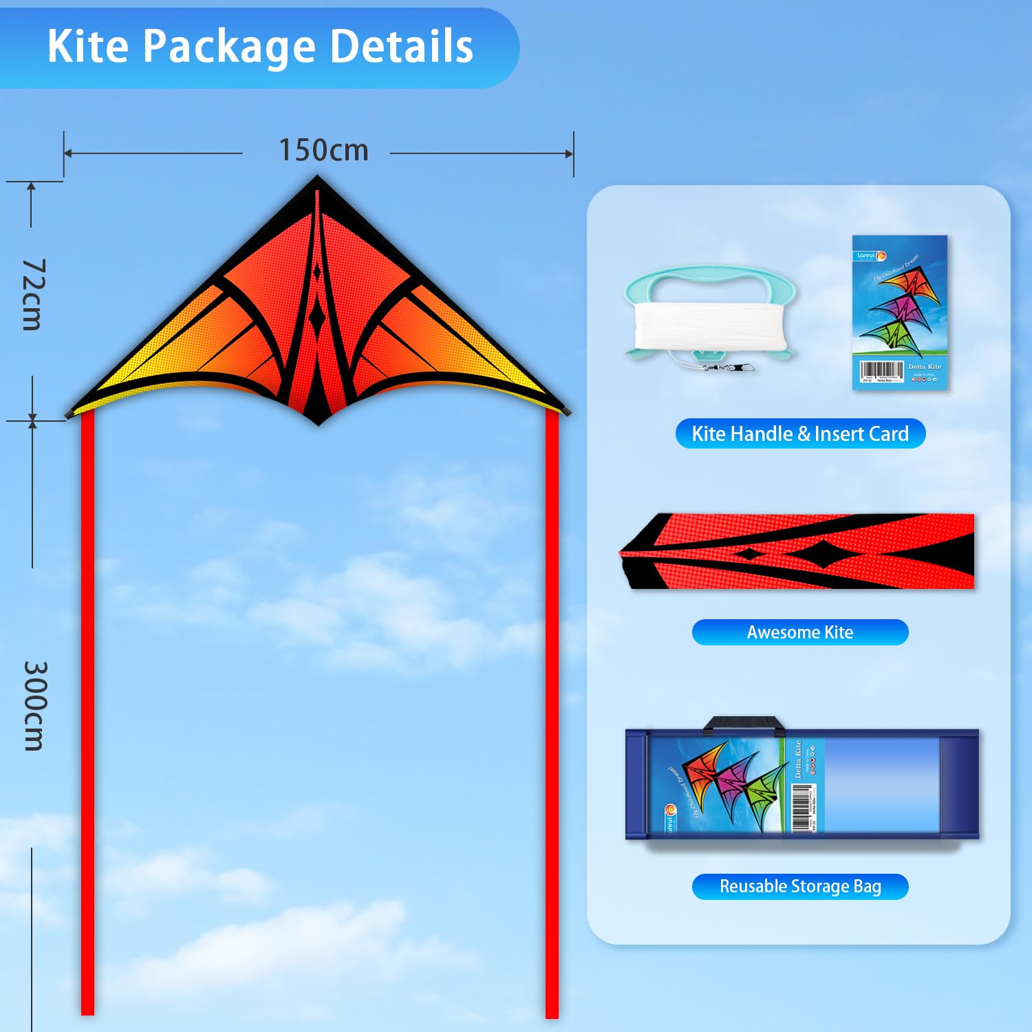 YFAFENGS Large Delta Kite Orange – Easy-to-Fly Outdoor Kite for Kids and Adults, Includes Line and Handle