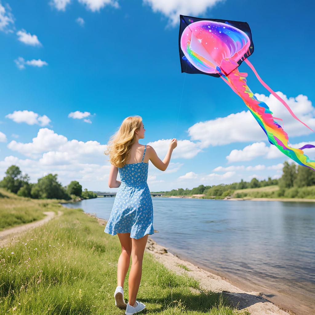 YFAFENGS Large Jellyfish Kite – Easy to Fly for Kids & Adults, Colorful Ripstop Polyester