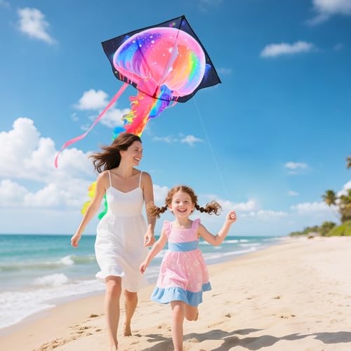 YFAFENGS Large Jellyfish Kite – Easy to Fly for Kids & Adults, Colorful Ripstop Polyester
