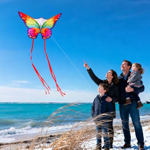 YFAFENGS Rainbow Butterfly Kite – Easy to Fly for Kids & Beginners, Durable Polyester with Long Tail for Stability