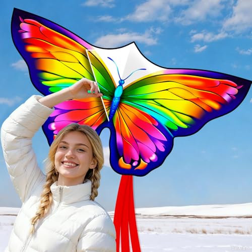YFAFENGS Rainbow Butterfly Kite – Easy to Fly for Kids & Beginners, Durable Polyester with Long Tail for Stability