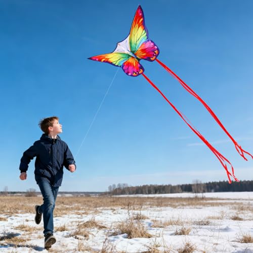 YFAFENGS Rainbow Butterfly Kite – Easy to Fly for Kids & Beginners, Durable Polyester with Long Tail for Stability