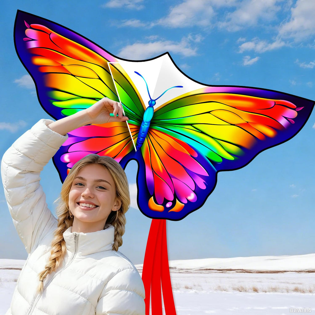 YFAFENGS Rainbow Butterfly Kite – Easy to Fly for Kids & Beginners, Durable Polyester with Long Tail for Stability