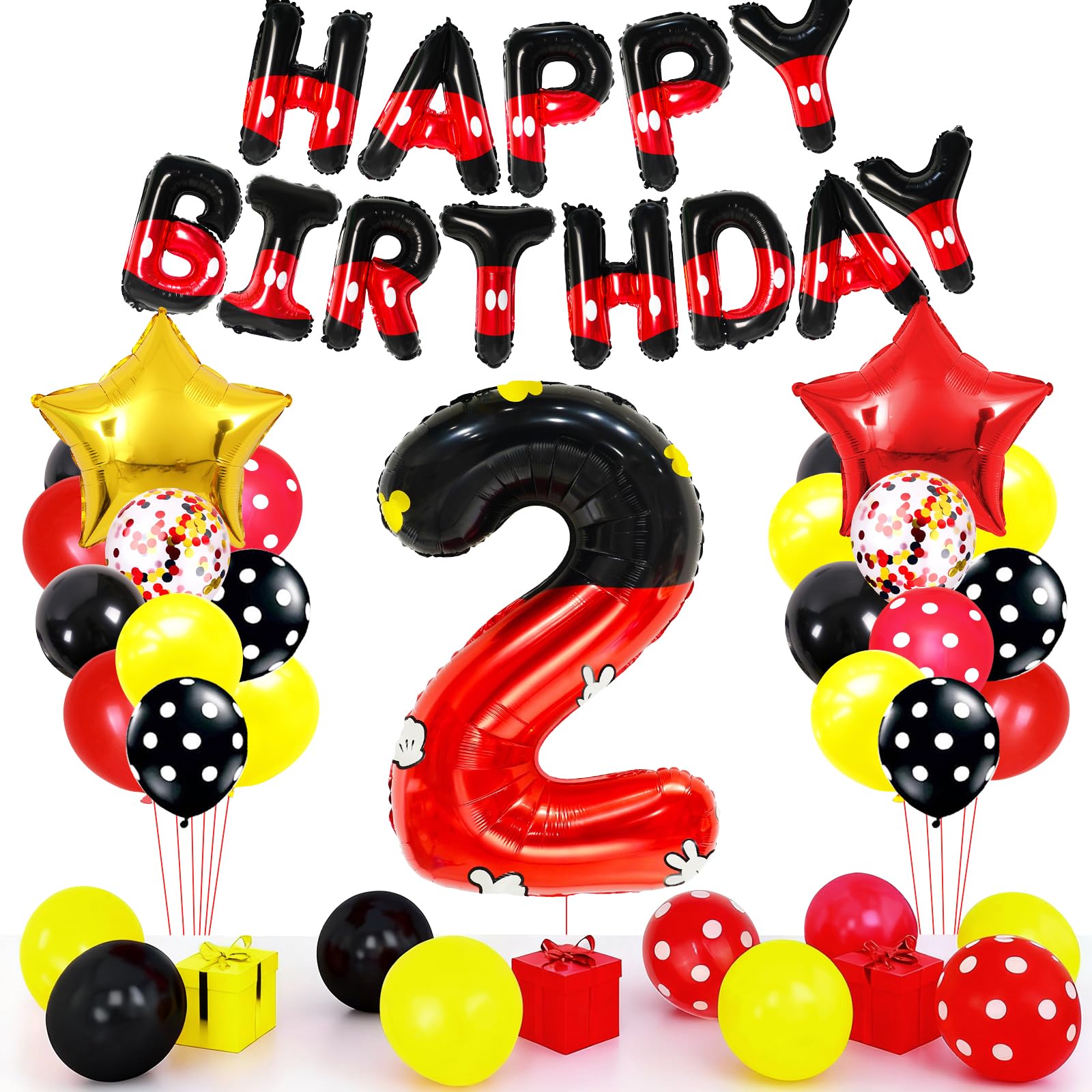 YIIHMEI Red and Black Birthday Balloon Set with 40-Inch Number 2 Foil and Star Balloons