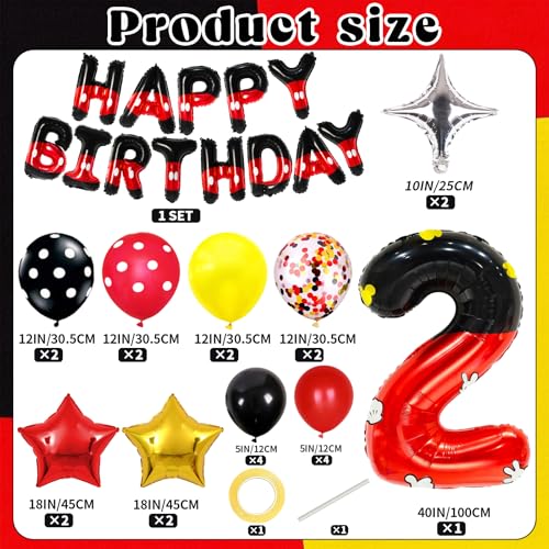 YIIHMEI Red and Black Birthday Balloon Set with 40-Inch Number 2 Foil and Star Balloons