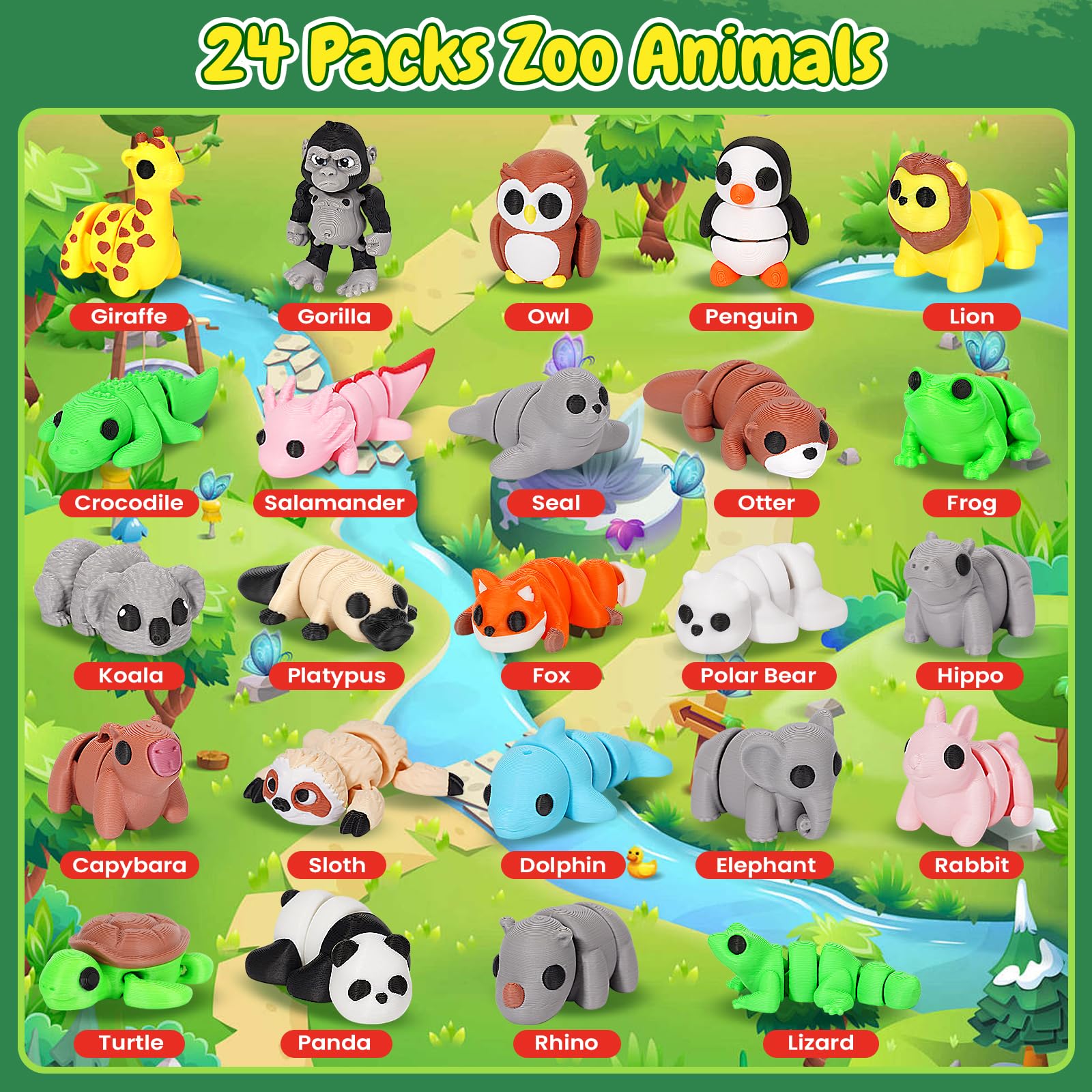 YILCER 24-Pack Mini 3D Printed Articulated Animals - Flexible Toy Figurines for Easter Baskets, Egg Fillers, and Pocket Pets