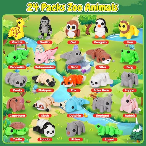 YILCER 24-Pack Mini 3D Printed Articulated Animals - Flexible Toy Figurines for Easter Baskets, Egg Fillers, and Pocket Pets