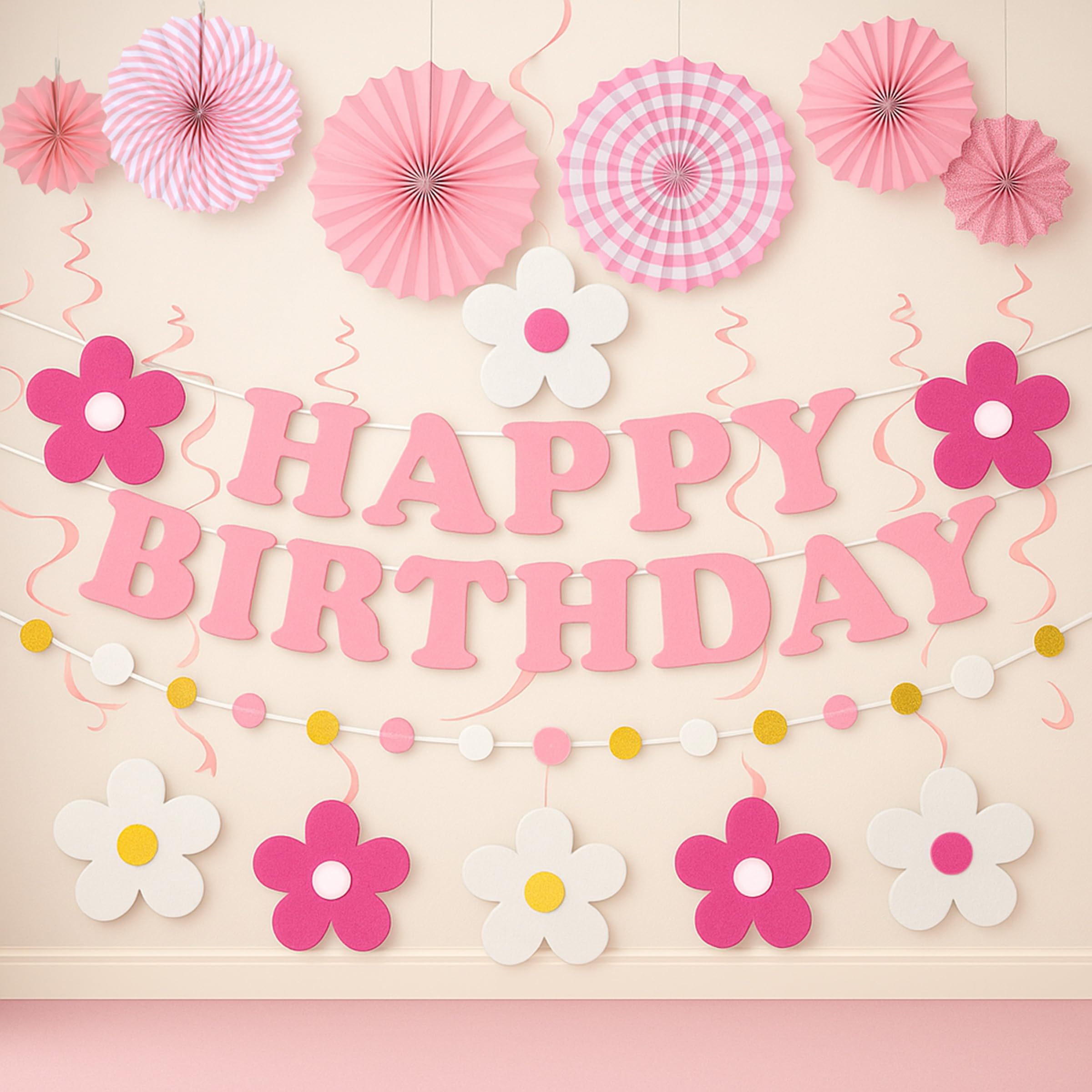 yilenta Pre-Strung Pink Birthday Decorations Kit – No DIY Felt Daisy Banner, Paper Fans, Swirls & Garland for Women, Girls & Kids