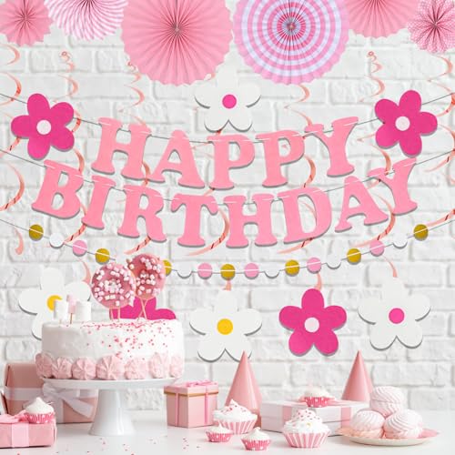yilenta Pre-Strung Pink Birthday Decorations Kit – No DIY Felt Daisy Banner, Paper Fans, Swirls & Garland for Women, Girls & Kids