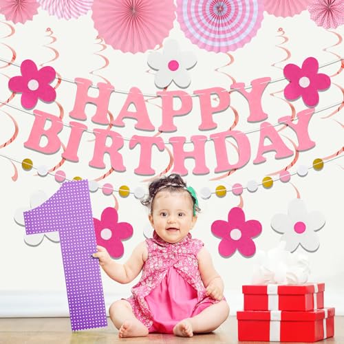 yilenta Pre-Strung Pink Birthday Decorations Kit – No DIY Felt Daisy Banner, Paper Fans, Swirls & Garland for Women, Girls & Kids