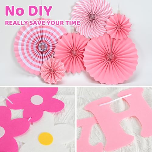 yilenta Pre-Strung Pink Birthday Decorations Kit – No DIY Felt Daisy Banner, Paper Fans, Swirls & Garland for Women, Girls & Kids
