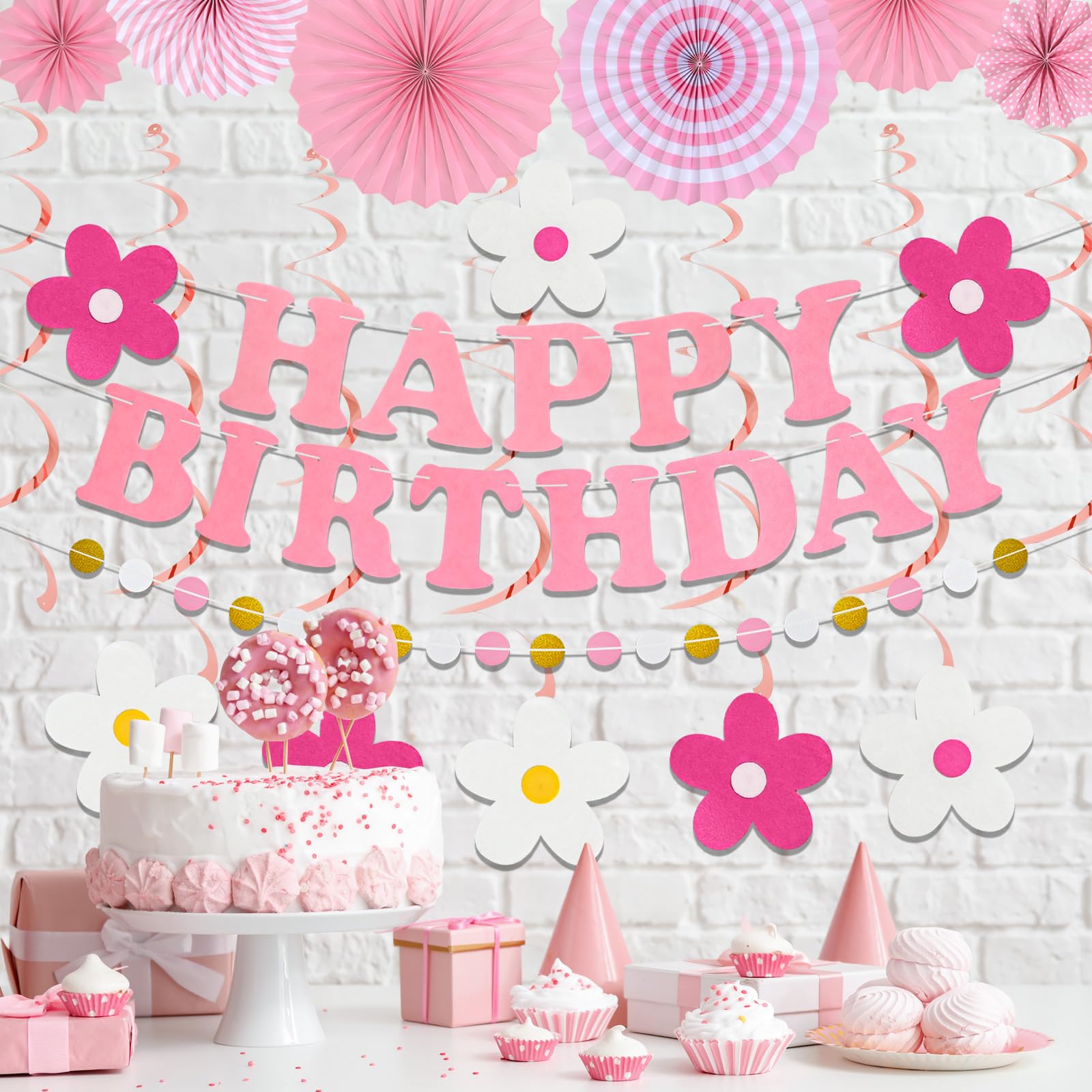 yilenta Pre-Strung Pink Birthday Decorations Kit – No DIY Felt Daisy Banner, Paper Fans, Swirls & Garland for Women, Girls & Kids