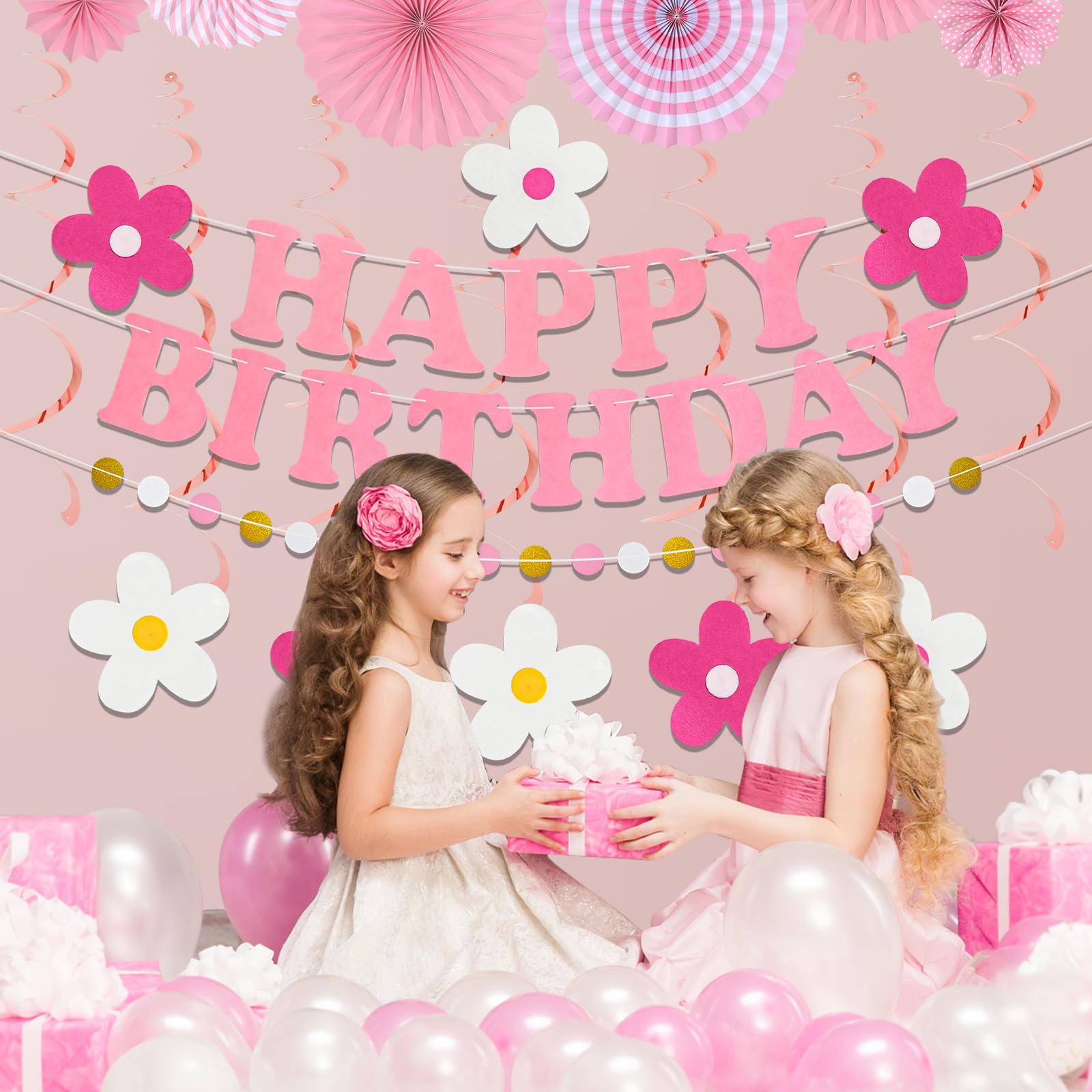 yilenta Pre-Strung Pink Birthday Decorations Kit – No DIY Felt Daisy Banner, Paper Fans, Swirls & Garland for Women, Girls & Kids