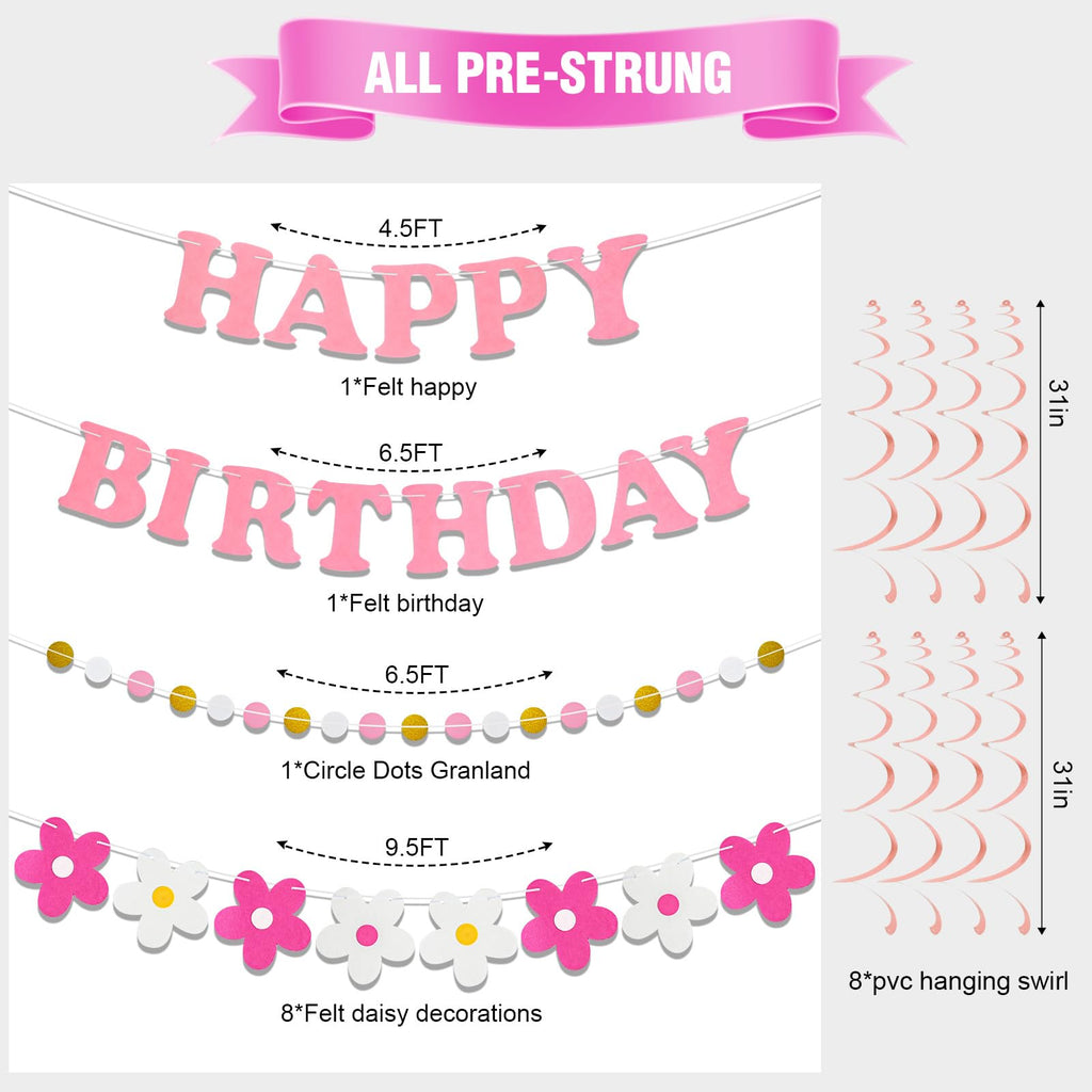 yilenta Pre-Strung Pink Birthday Decorations Kit – No DIY Felt Daisy Banner, Paper Fans, Swirls & Garland for Women, Girls & Kids