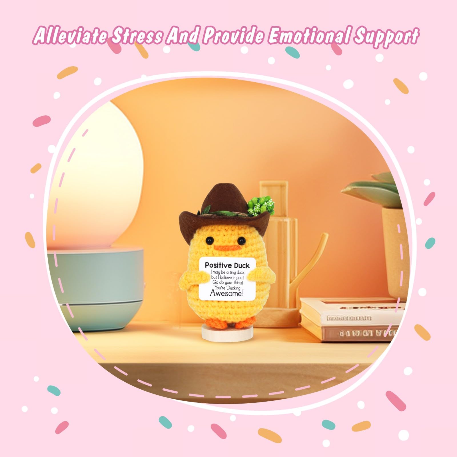 YiLUAN Mini Funny Crochet Duck – Positive Emotional Support Animal with Cowboy Hat, Great Birthday or Christmas Gift for Women, Office Desk Decor