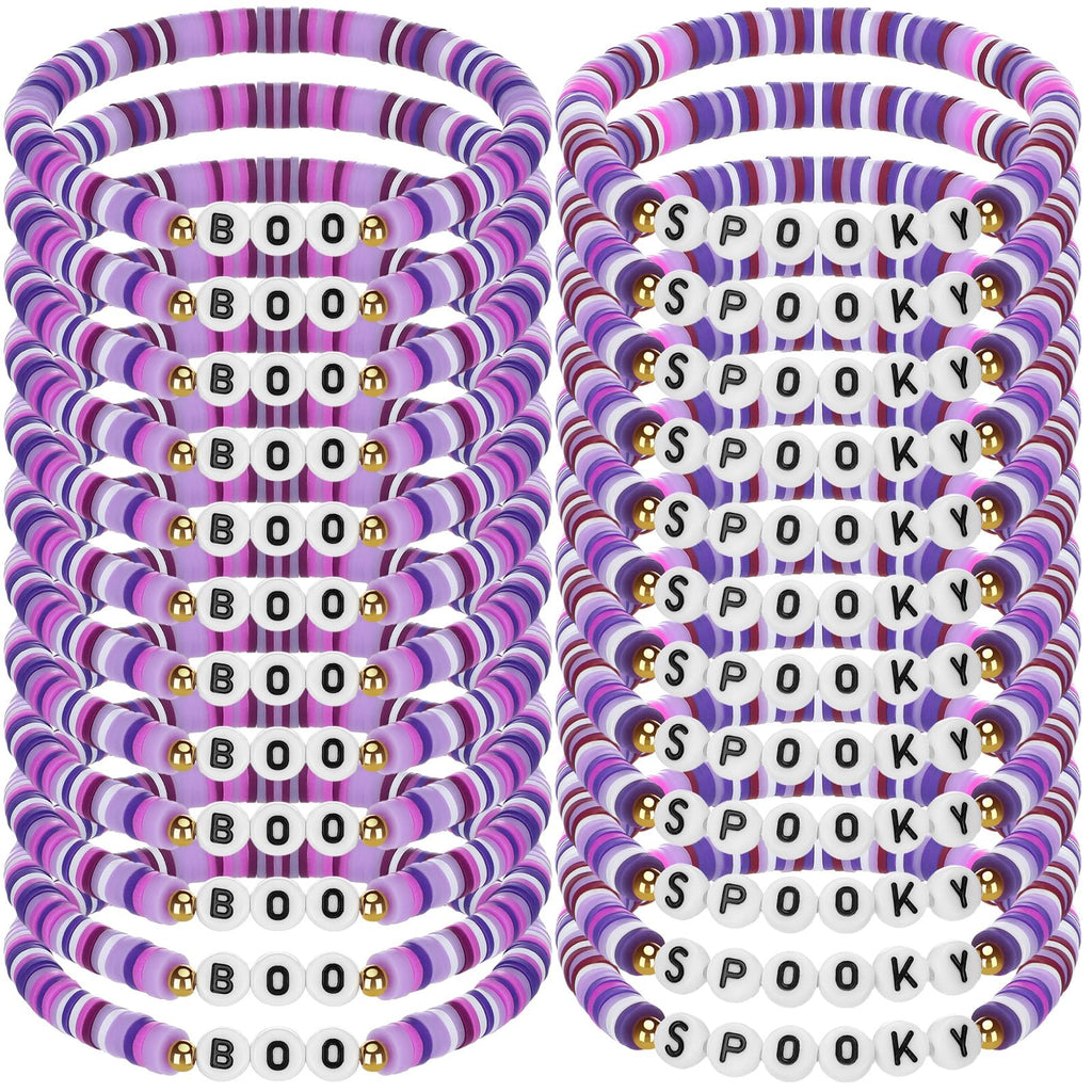 Yinkin 24 Pack Halloween Bracelets - Spooky Boo Polymer Clay Beaded Stretch Bracelets for Women Party Favors Purple Red