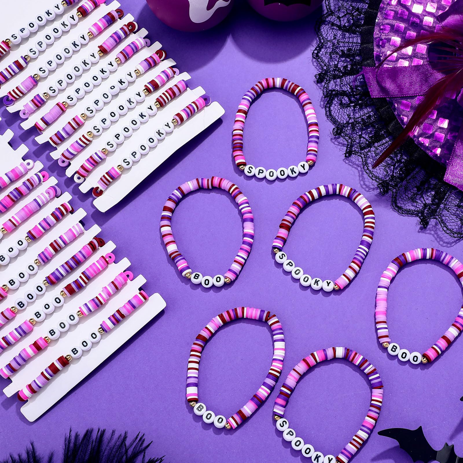 Yinkin 24 Pack Halloween Bracelets - Spooky Boo Polymer Clay Beaded Stretch Bracelets for Women Party Favors Purple Red