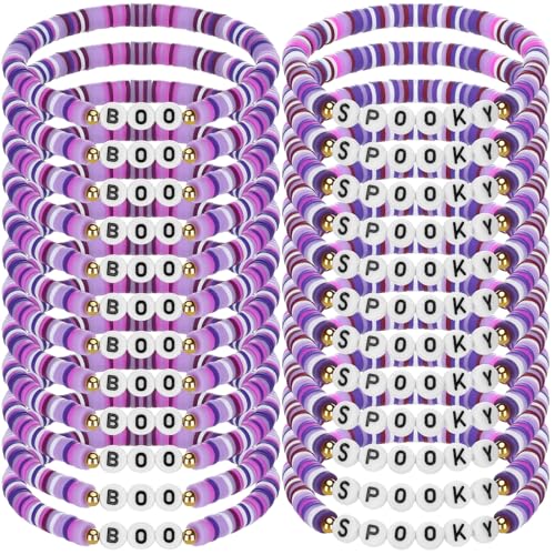 Yinkin 24 Pack Halloween Bracelets - Spooky Boo Polymer Clay Beaded Stretch Bracelets for Women Party Favors Purple Red