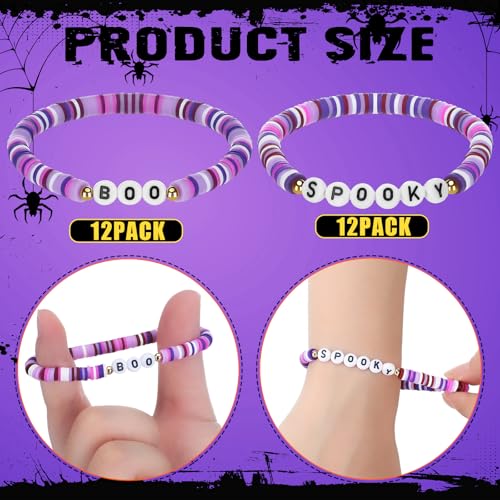 Yinkin 24 Pack Halloween Bracelets - Spooky Boo Polymer Clay Beaded Stretch Bracelets for Women Party Favors Purple Red