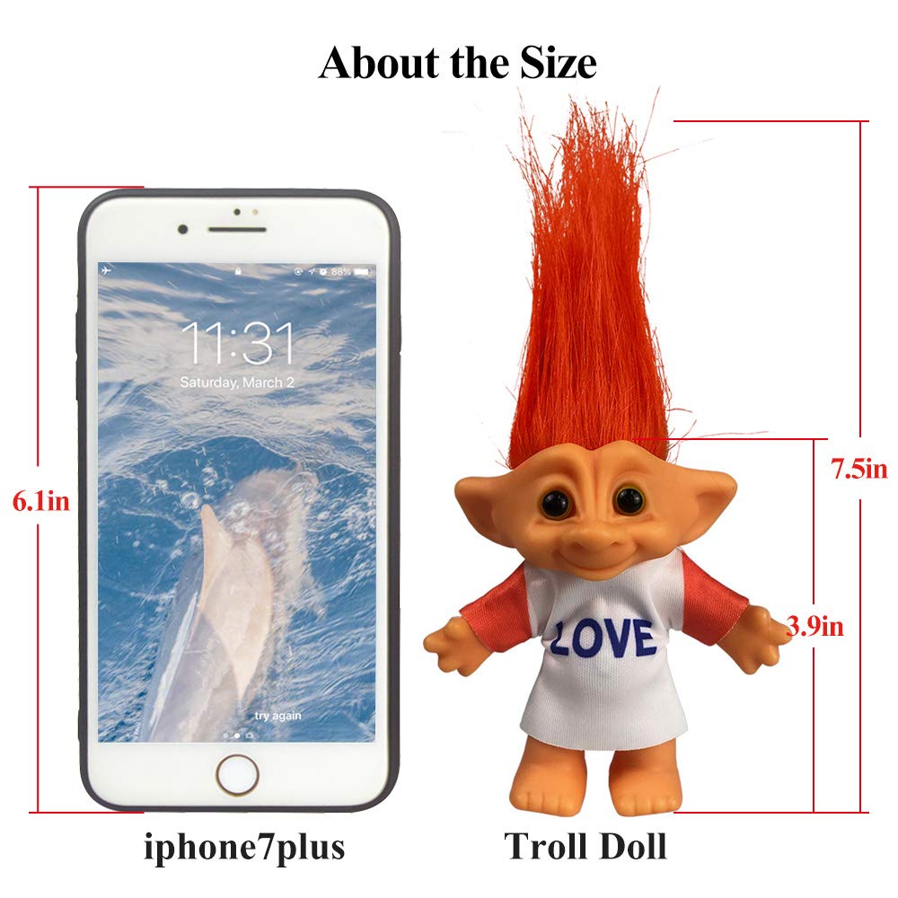 Yintlilocn Vintage Troll Doll 7.5" Orange Hair – PVC & Polyester, Safe for Kids, Party Favors & Crafts