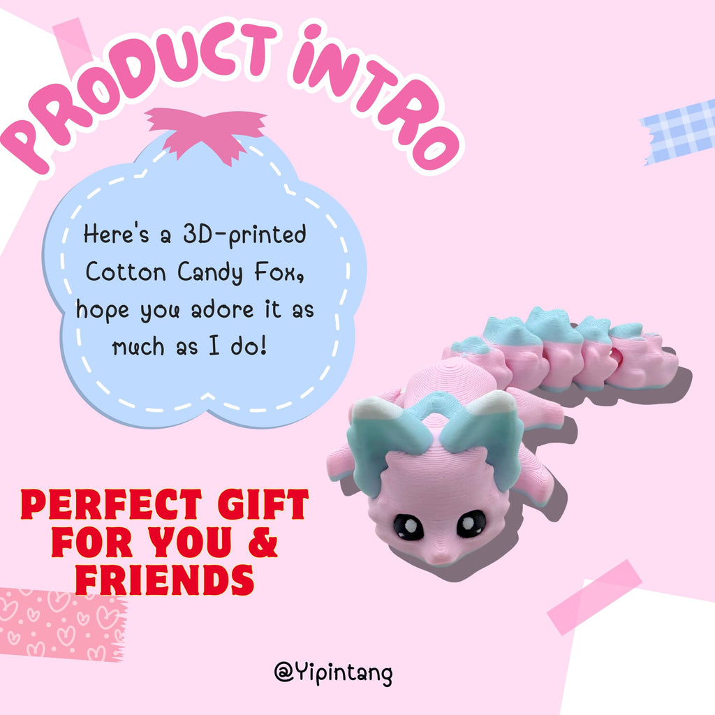 Yipintang 3D Printed Articulated Fox - 8 Inch Flexible Fidget Animal Desk Décor (Candy Fox)