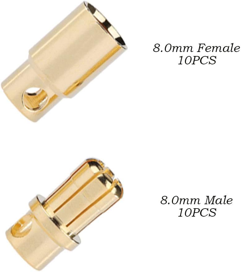 Yiqigou 10 Pairs 8.0mm Gold-Plated Bullet Connectors for RC Batteries and ESC