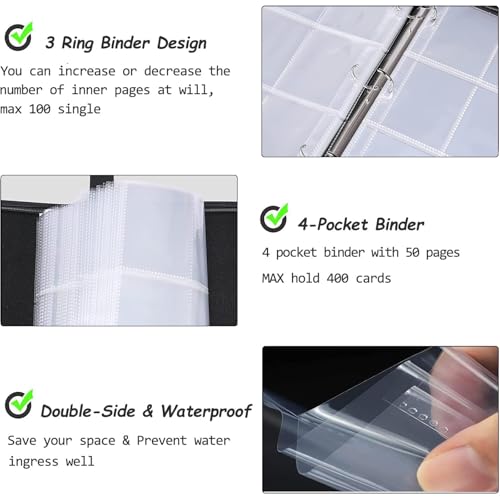 Yisheme 400-Pocket Basketball Card Binder with 50 Removable Sleeves – PU Leather Zipper Album for Trading Cards