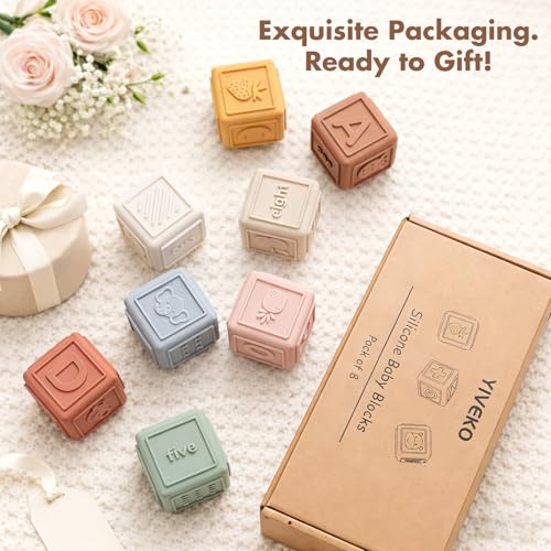 YIVEKO 8-Pack Silicone Baby Stacking Blocks – Soft Teethers & Montessori Toys for Toddlers