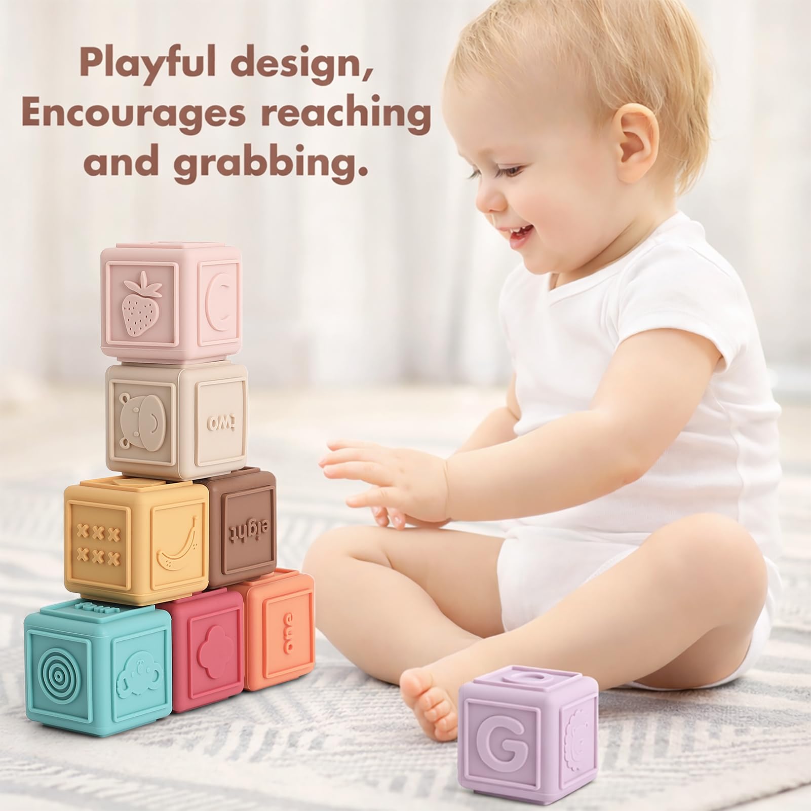 YIVEKO 8-Pack Silicone Baby Stacking Blocks – Soft Teethers & Montessori Toys for Toddlers