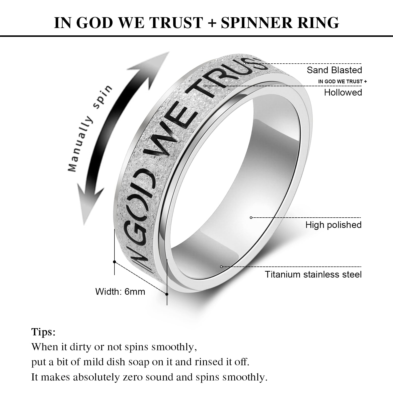 YIXNZON Stainless Steel Fidget Ring - Anxiety Spinner for Adults - Size 10, Silver