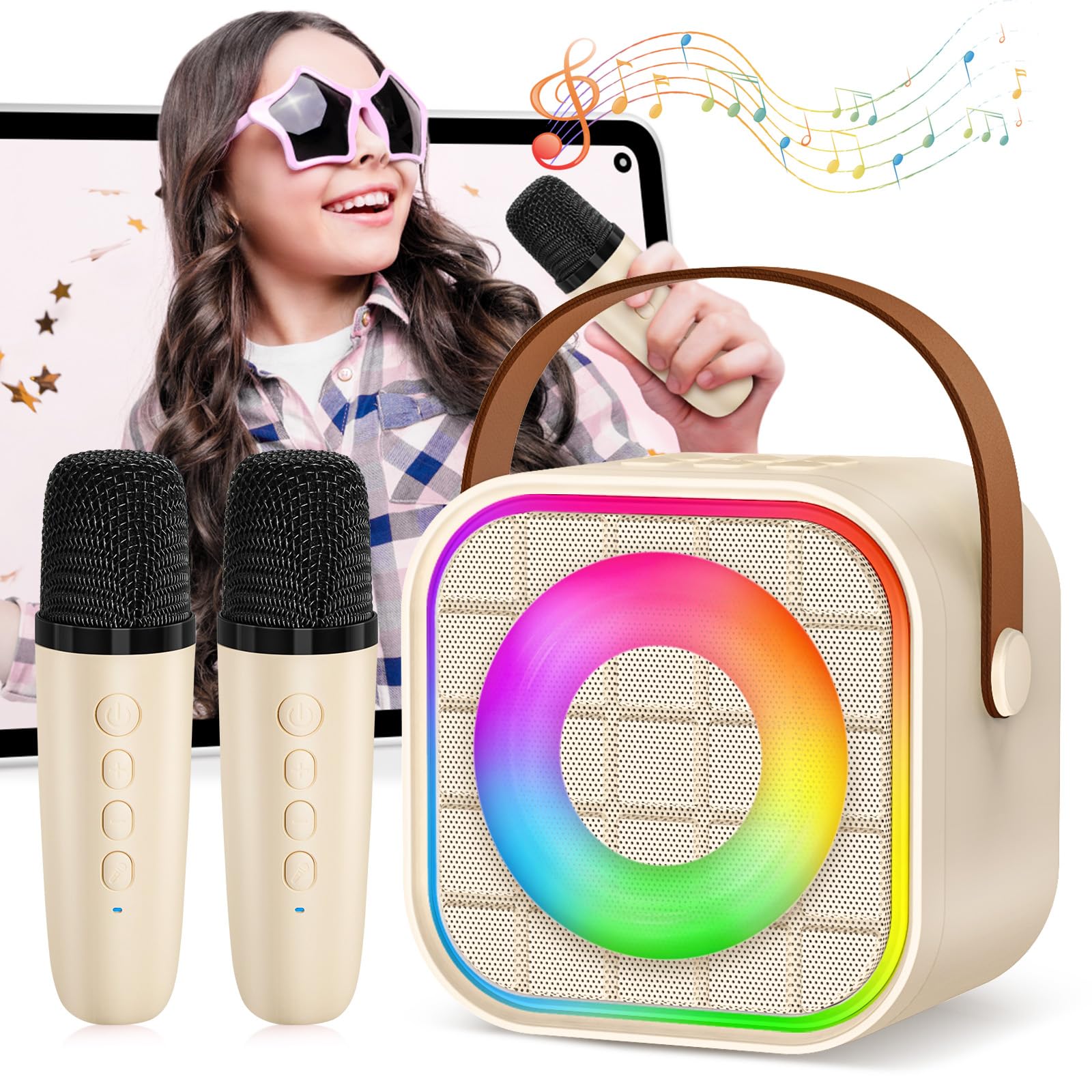 YLYYCC Mini Karaoke Machine for Kids: Portable Bluetooth Speaker with 2 Wireless Microphones, Rechargeable, 8-10 Hour Battery, Voice Changer, Travel Toy for Ages 3+